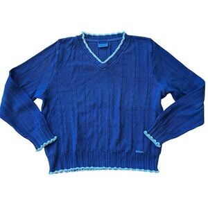 Vtg Blue Willi’s Sweater Eyelet Lettuce Hem Size Large